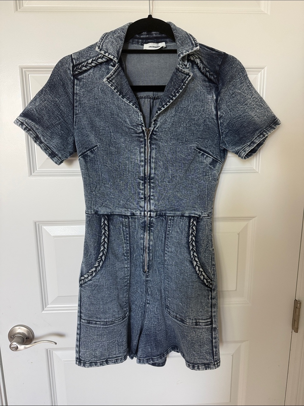 Denim Romper with Braided Trim